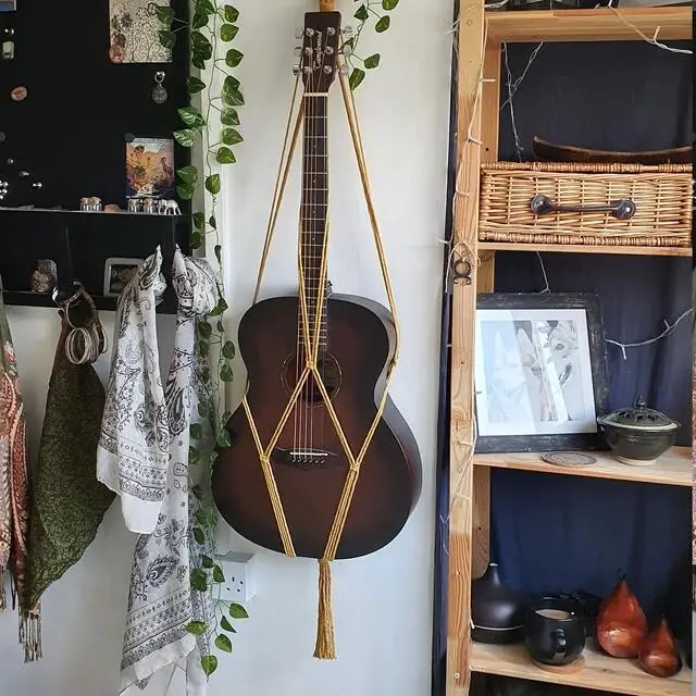 Custom Handmade Wall Hanging Beaded Bohemian Guitar Wall Hanger Boho Ukulele Hanger Macrame Wall Mount Hanger