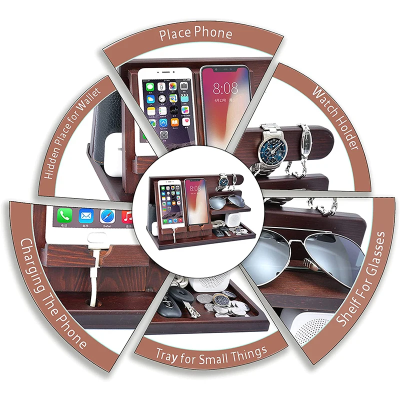 Wood Phone Docking Station and Nightstand Organizer Holds Cellphone Key Smartwatch Wooden Charging Station Accessory