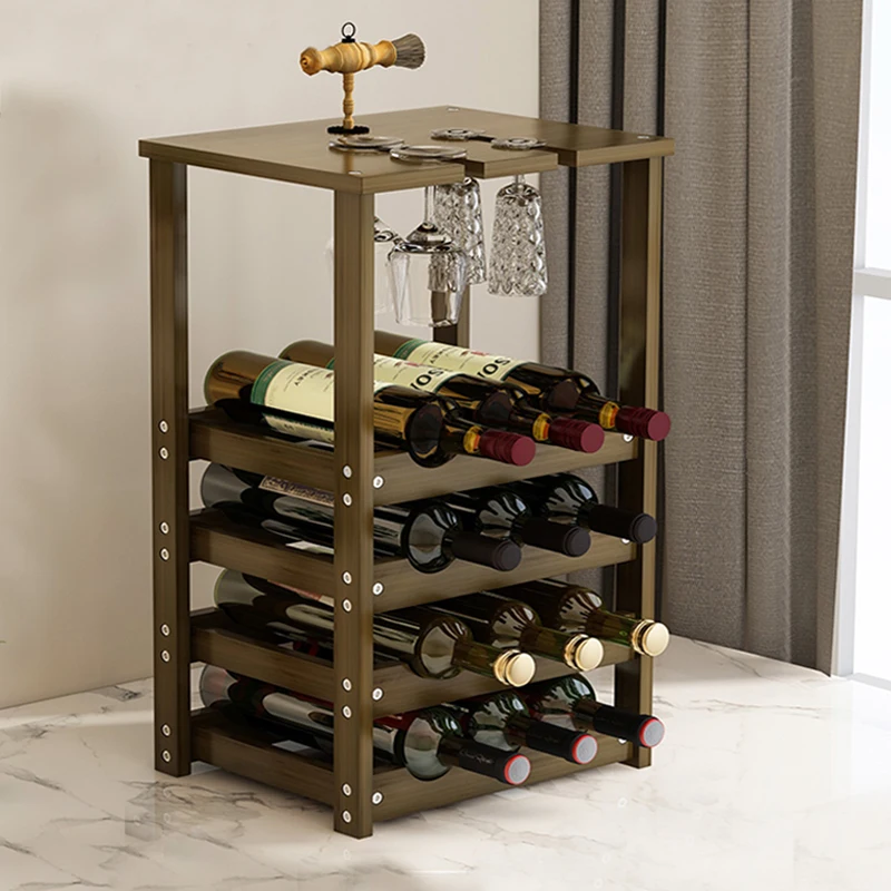 Bamboo Wine Rack Countertop Rustic Wine Stand With Hanging 8-Glasses Holder Bottle Rack With 4 Tier Wine Display Shelf