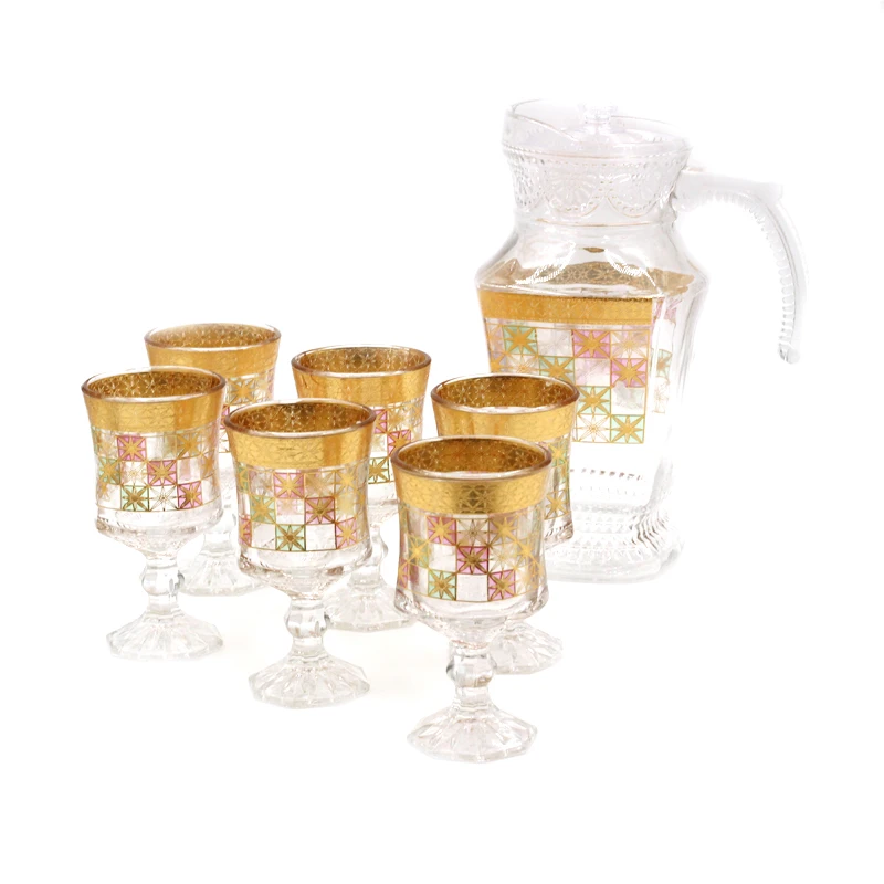 cheap wholesale 6 goblets 1 kettle glass tea cup sets gold flower arab turkish clear glass goblets kettle sets