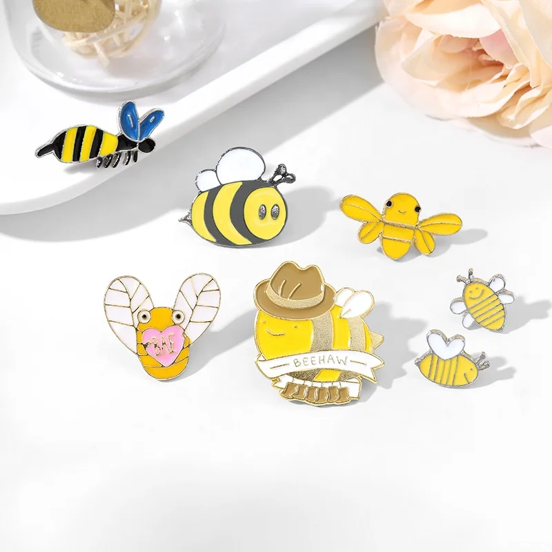 Cartoon cute little wasp letter pin hard enamel dress badge custom cute mini bee enamel pin brooch