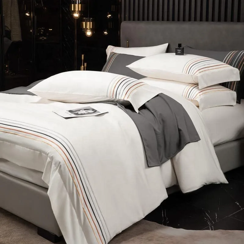 Wholesale Bulk High Quality White Embroidery Egyptian Cotton Bed Sheets Sets Bedding Set For Hotel Motel Use
