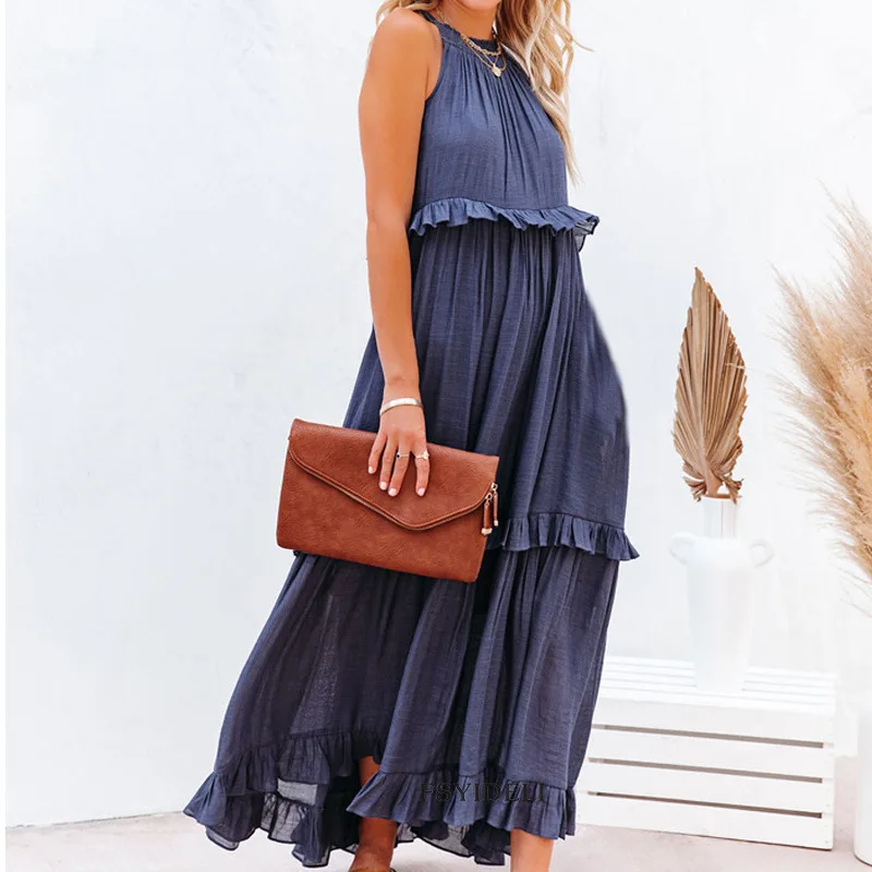 Women Sleeveless Beach Dress Summer Halter Layered Ruffles Casual Boho Flowy Maxi Dress