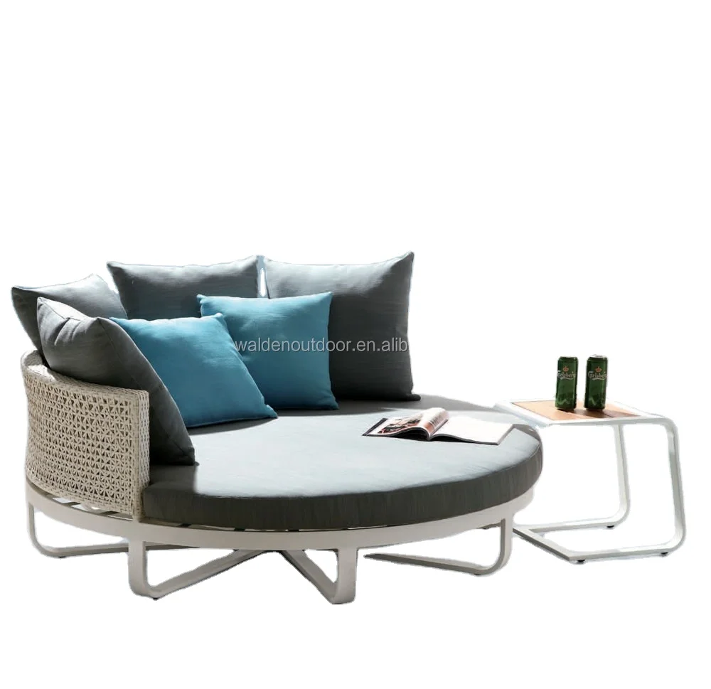 Wicker Outdoor furniture white rattan round sun lounger pool sunbed with cushion and pillows