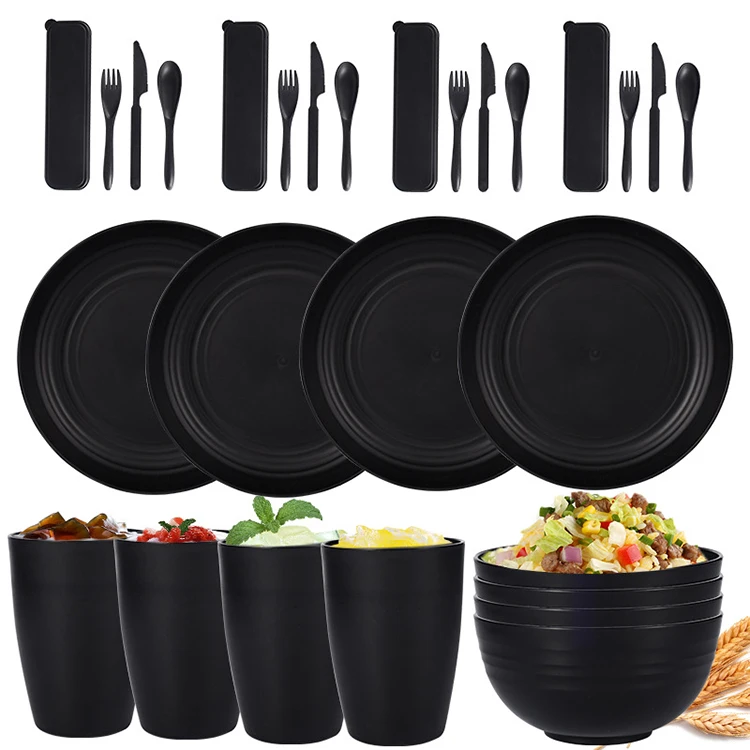 Black Bowl Plate Dish Cup Plastic Knife Fork Spoon Cutlery 28 Piece Gift Set