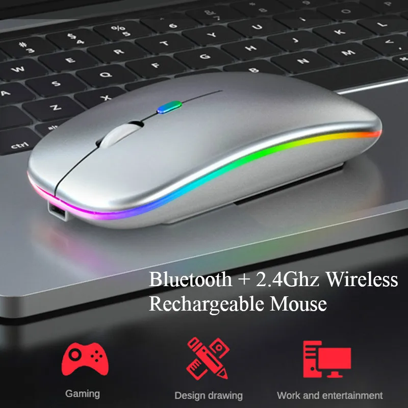 Беспроводная мышь BT RGB перезаряжаемая компьютерная бесшумная эргономичная светодиодная USB оптическая с подсветкой для ноутбука и