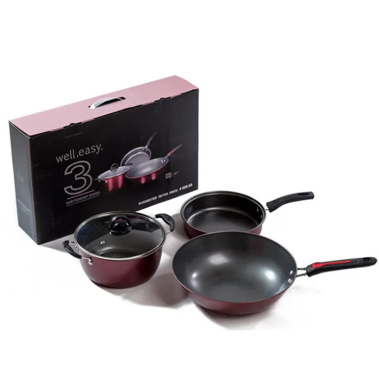 Fine iron non stick kitchen gift pot, flat bottom frying pan 3pcs set of non stick pots Hot Sell Frying Cookware Non Stick