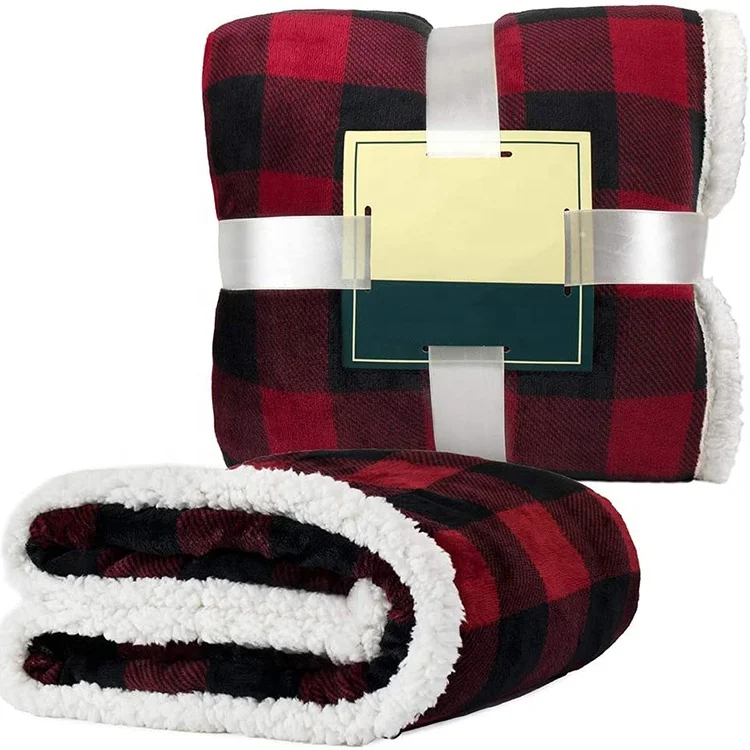 
Christmas Decoration Plaid Sherpa Fleece Red Black Checkered Flannel Throw Blanket For Sofa Bed Warm Plush Fleece Blanket 