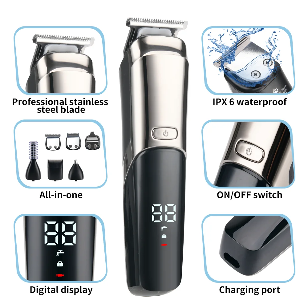 Прибор для ухода за волосами PRITECH IPX6 5 в 1 со светодиодным дисплеем профессиональный Аккумуляторный мужской триммер