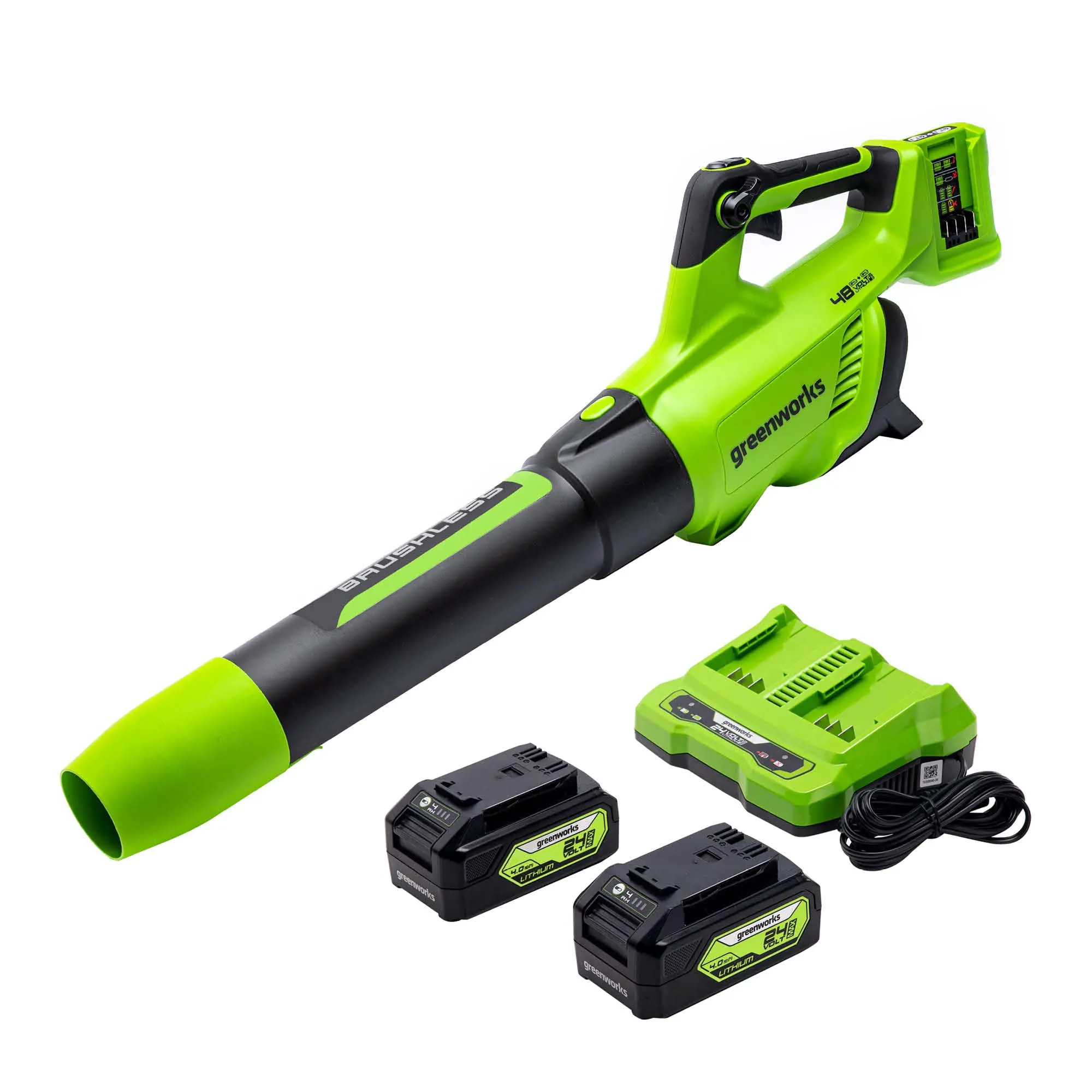 Greenworks 48V (2 x 24V) 140 MPH 585 CFM Cordless Brushless Axial Leaf Blower with (2) 4.0Ah USB Batteries and Dual Port Charger