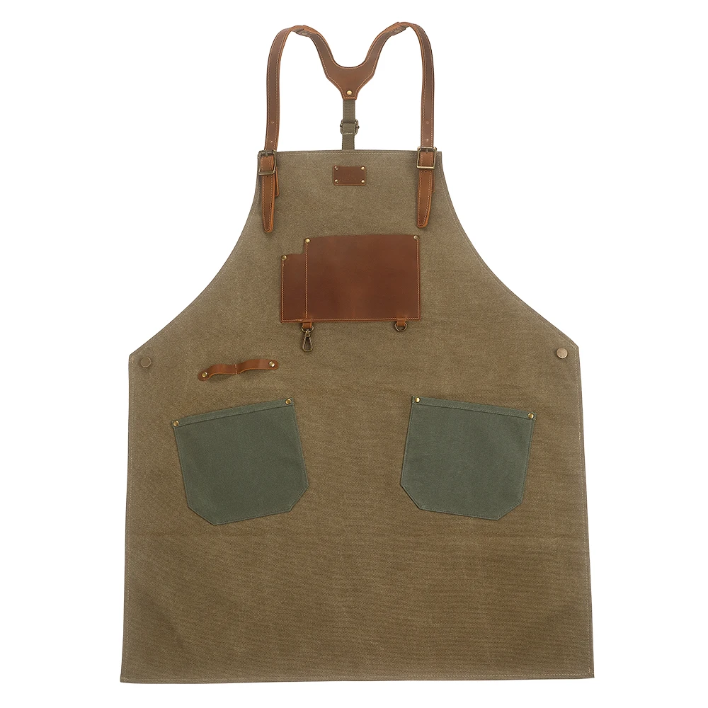 Professional Chef Cooking Aprons Washable Adjustable Canvas Full Grain Leather Green Apron Multifunctional Kitchen Accessories