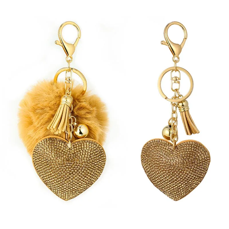 Custom Tassel Pendant Key Chain Korean Velvet Love Heart Shaped Diamond Keychains Pom Pom For Women