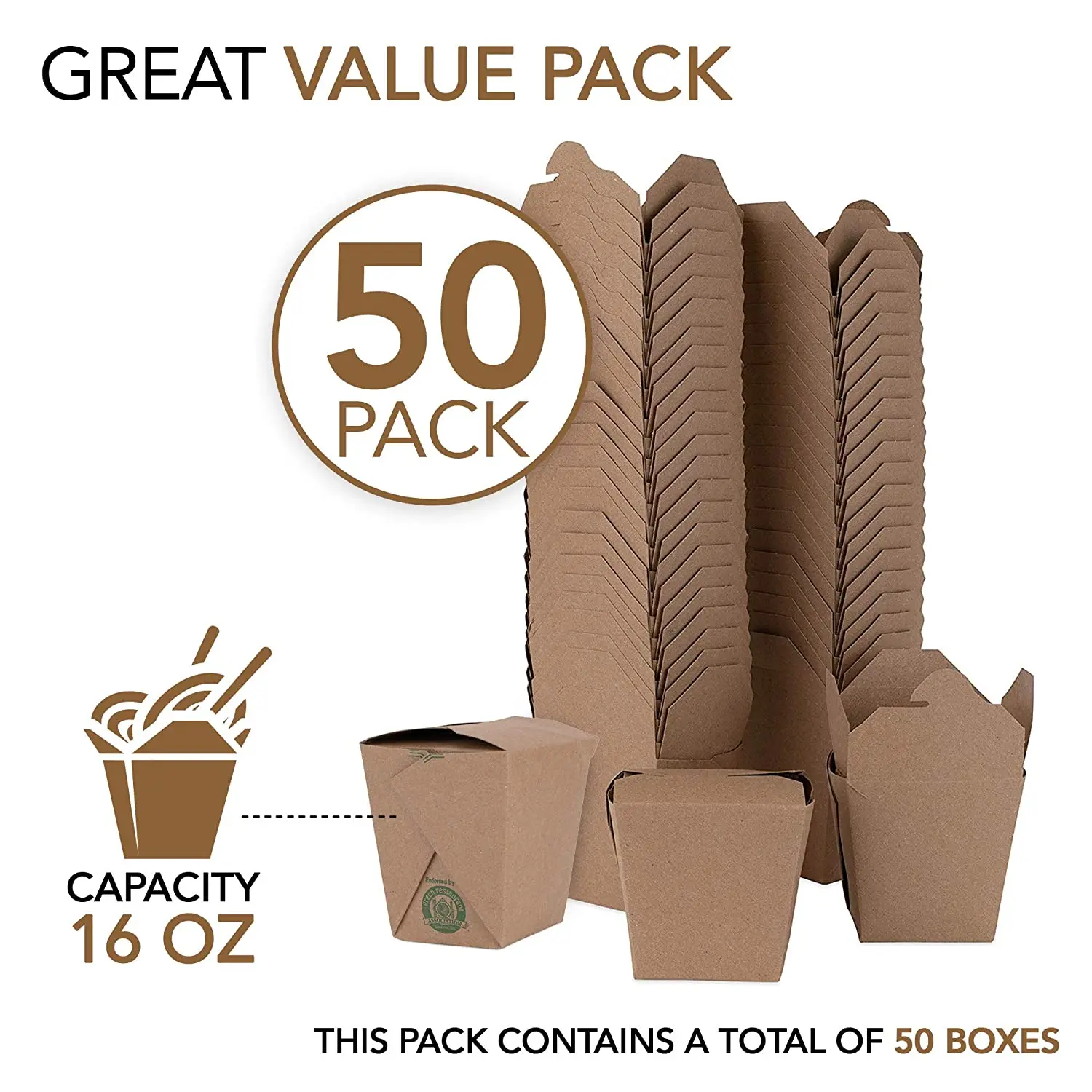 Take Out Food Containers 16 Oz Microwaveable Kraft Brown Paper Chinese Takeout Box (50 Pack) Leak and Grease Resistant Stackable