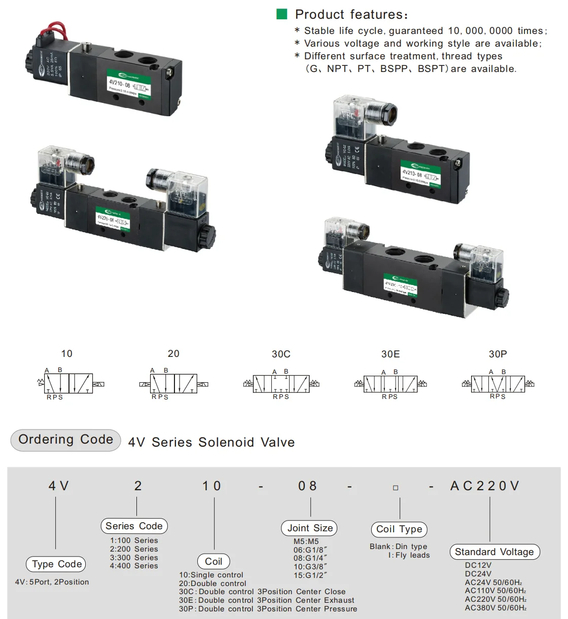 Airtac 4v220-08 double control Pneumatic air solenoid valve 24v 5/2 way solenoid valve