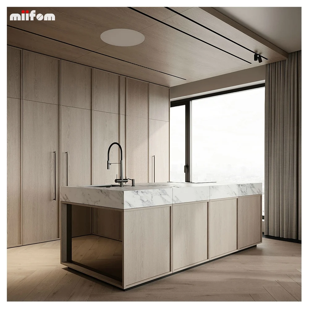 Minimalist Log Color Overall Cabinets Set Modern Simple Kitchen Furniture with Island