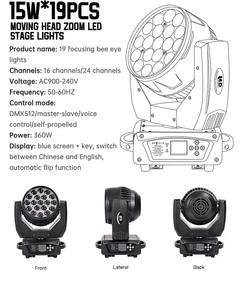 360w 15w Beam stage lamp rotating ktv nightclub moving head disco light 19 bee eyes LED moving head wash