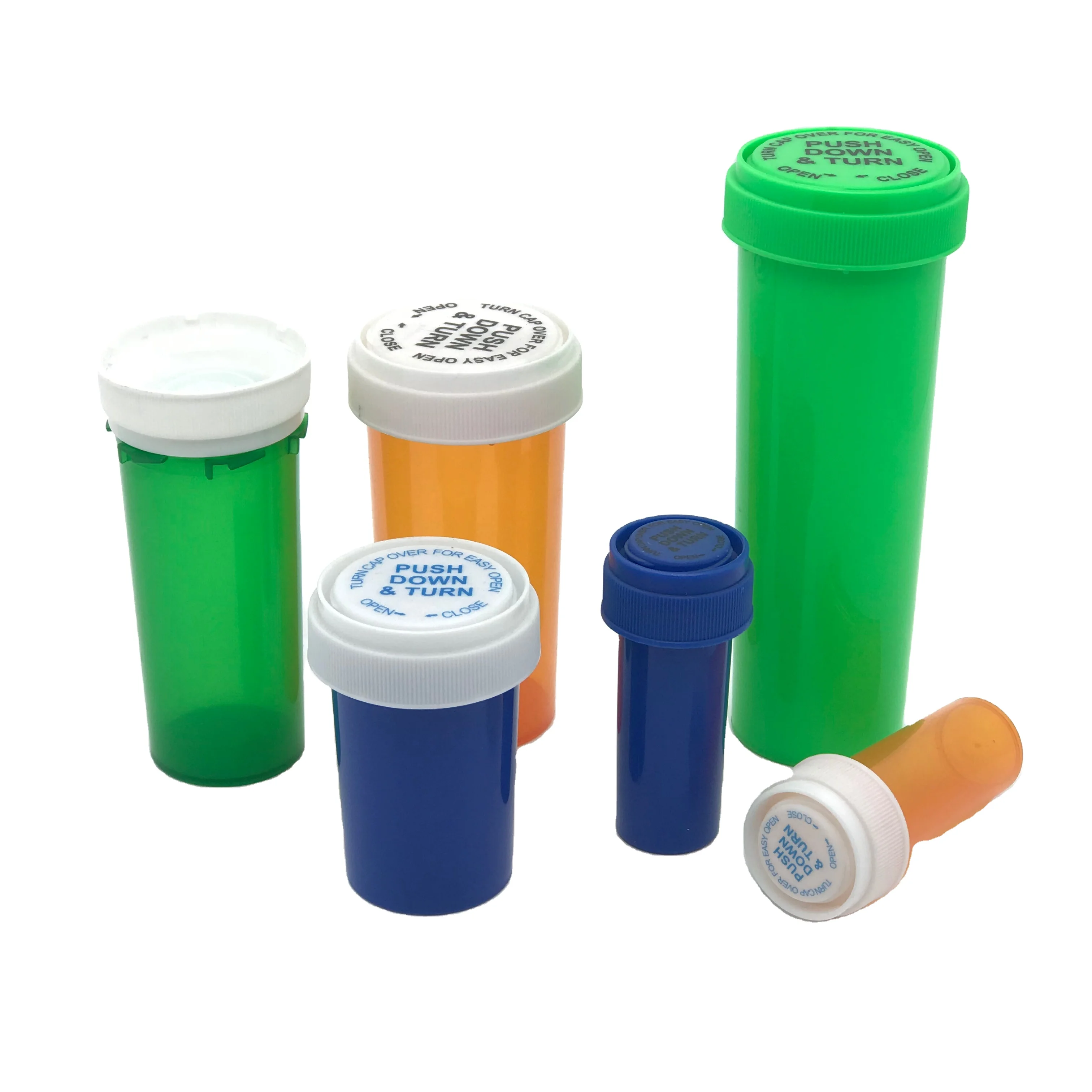 Plastic reversible vials or pill bottles or child resistant dram vials