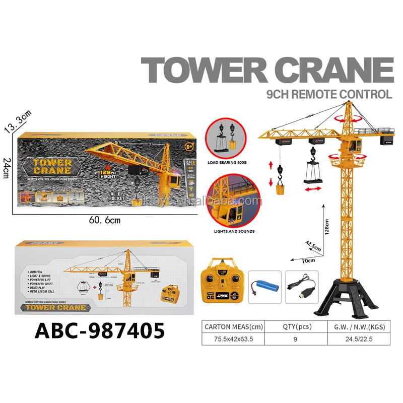 9 Channel RC Mega Tower Crane 128cm 2.4GHz Remote Control Construction Site Toy Rotation Lift Model with Tower Lights and Sounds