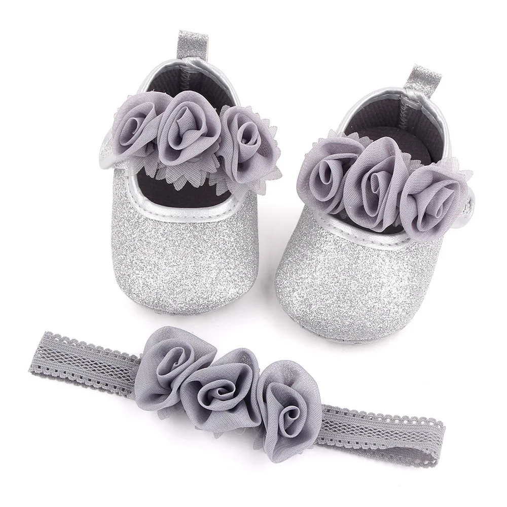Spring Autumn Breathable Non-slip Baby Girl Ballet Shoes Headband Set Sparkle Flower Flats