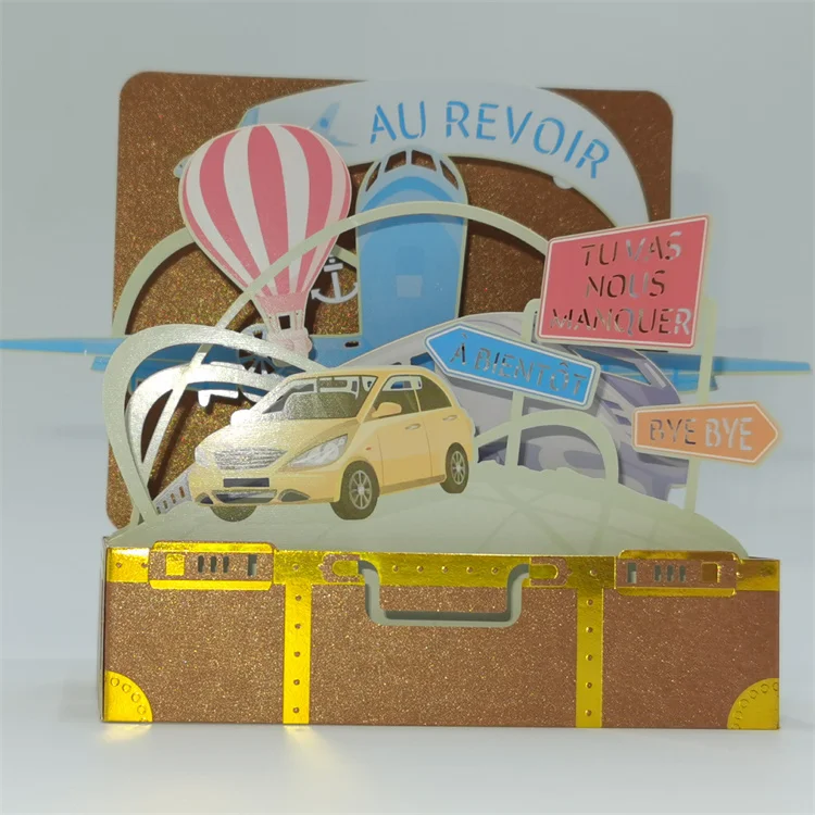 Luxury Custom Printing Au Revoir Paper 3D Cube Farewell Card For Friends With Custom Printing Greeting Cards Display Stand