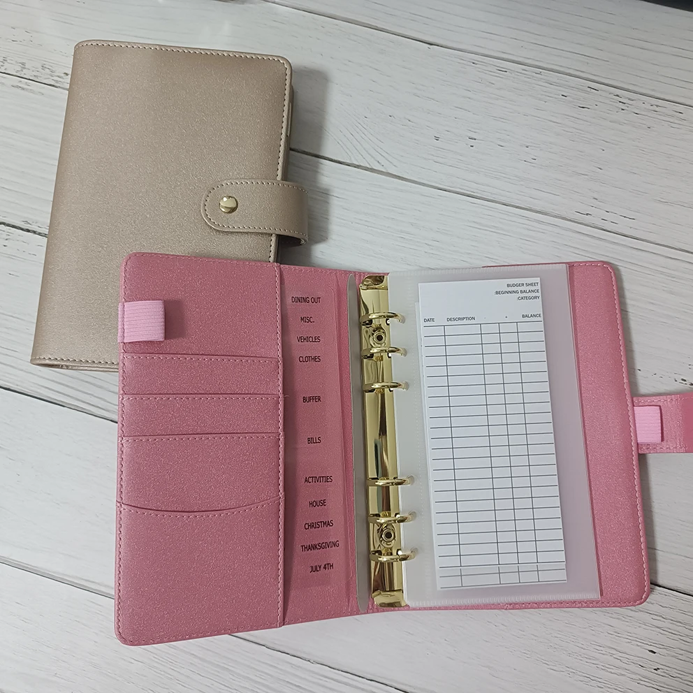 Wholesale Portable Durable Gold Ring A6 Cash Envelope Wallet Organizer Savings Challenge Binder Beige Leather Planner Cover
