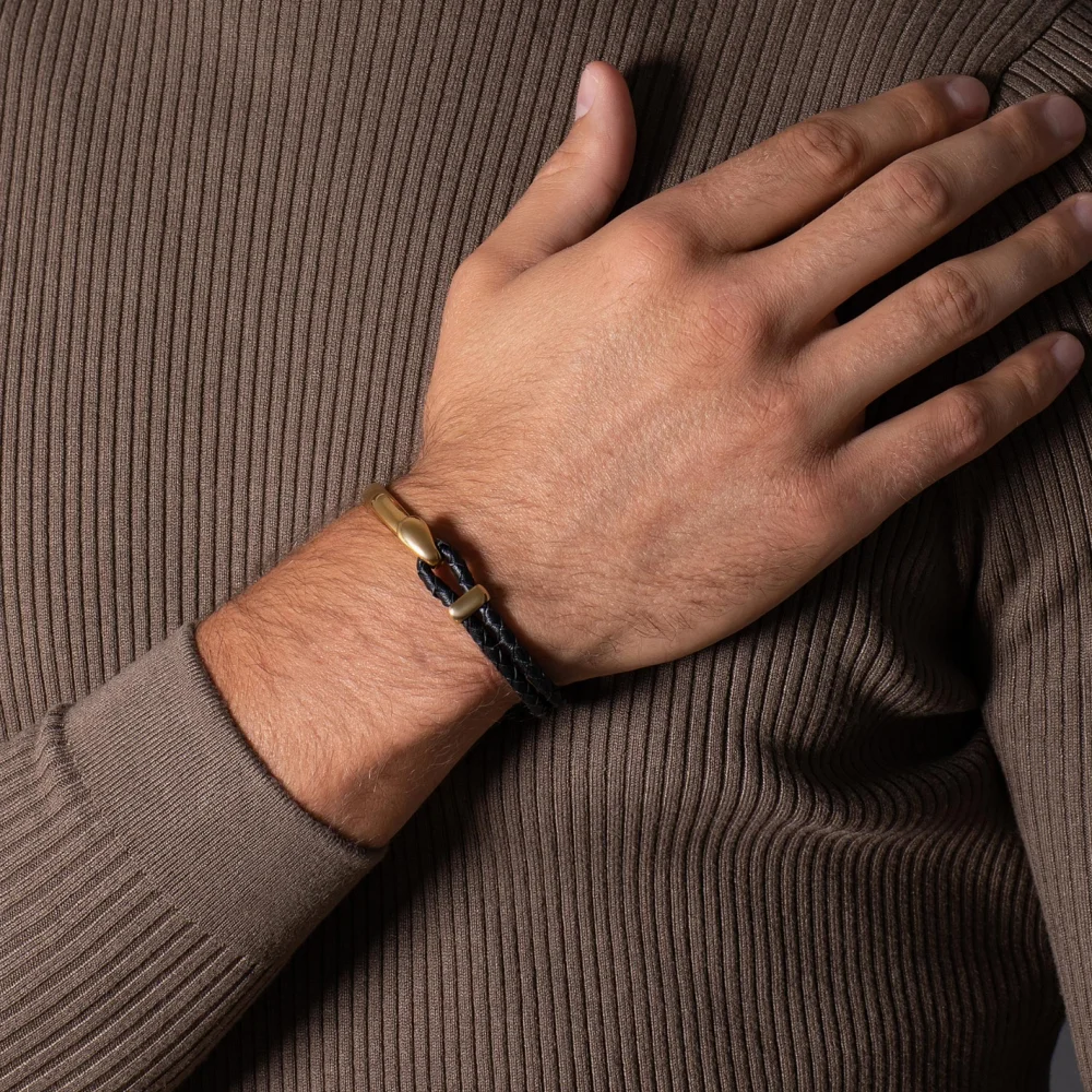 Unique Design Stainless Steel Custom Logo Black Braided Genuine Leather Bracelet for Men