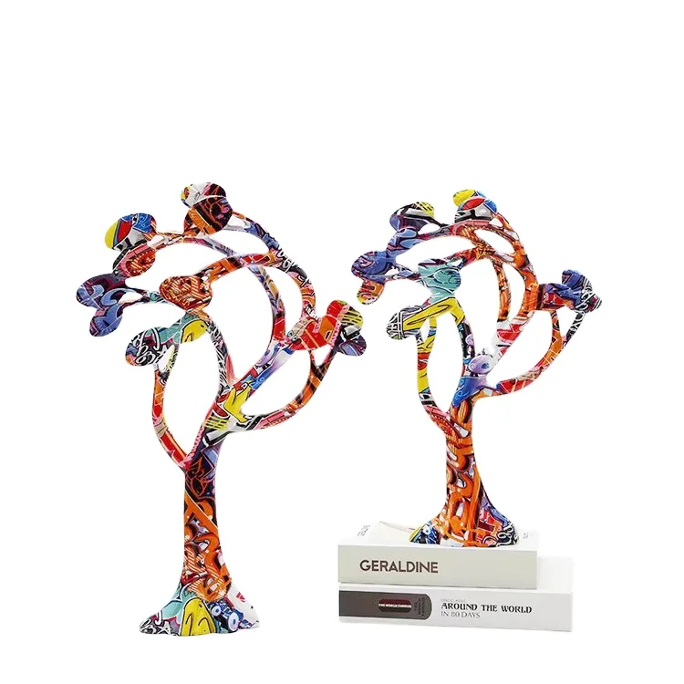 H home decoration colorful modern abstract graffiti water transfer colored tree resin statues