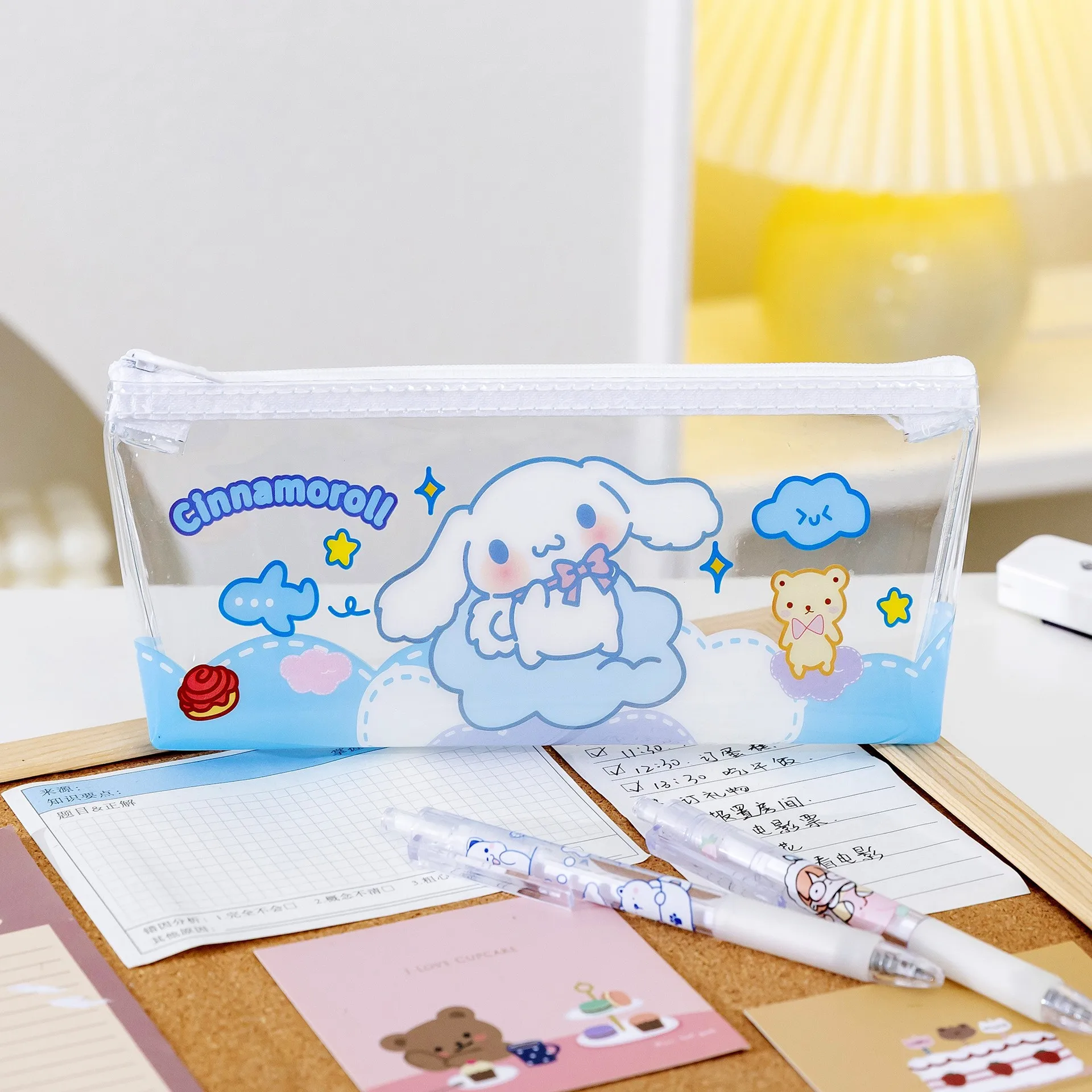 Cartoon Transparent Student Stationery Bag Ring Zipper Pen Bag Large Capacity Bag