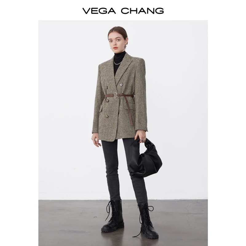 VEGA CHANG 2024 Winter Commuting Suit English Plaid Cotton clamping Waistline Vintage Premium  Woolen coat
