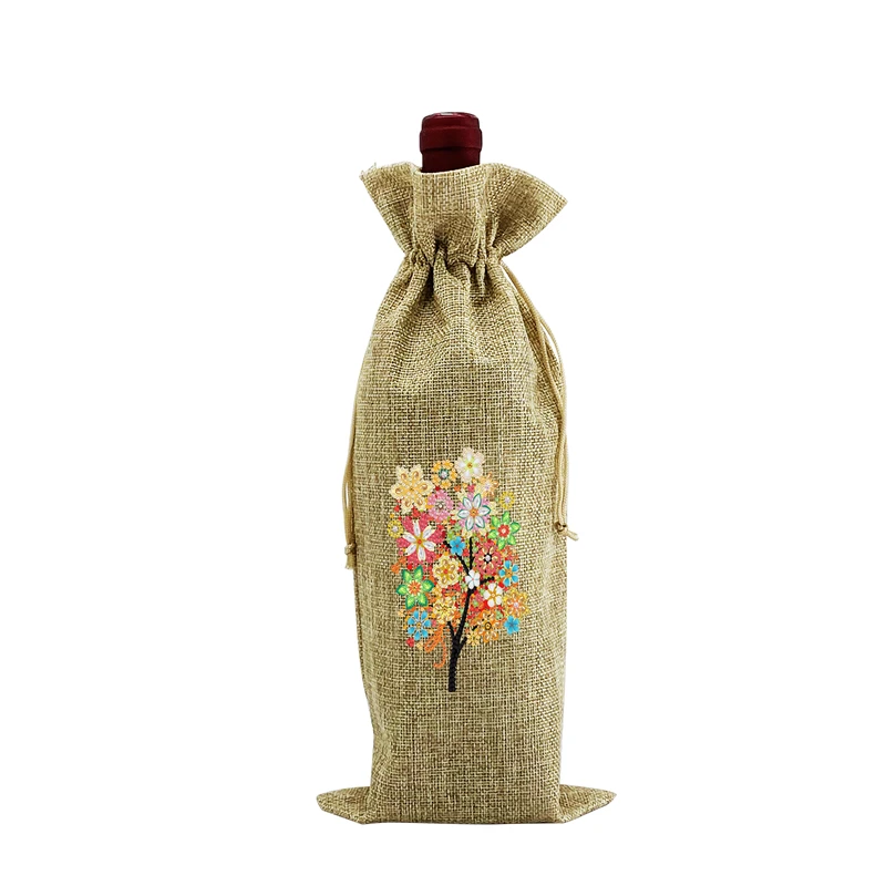 flower design diy diamond painting linen material  cute  red wine package bag