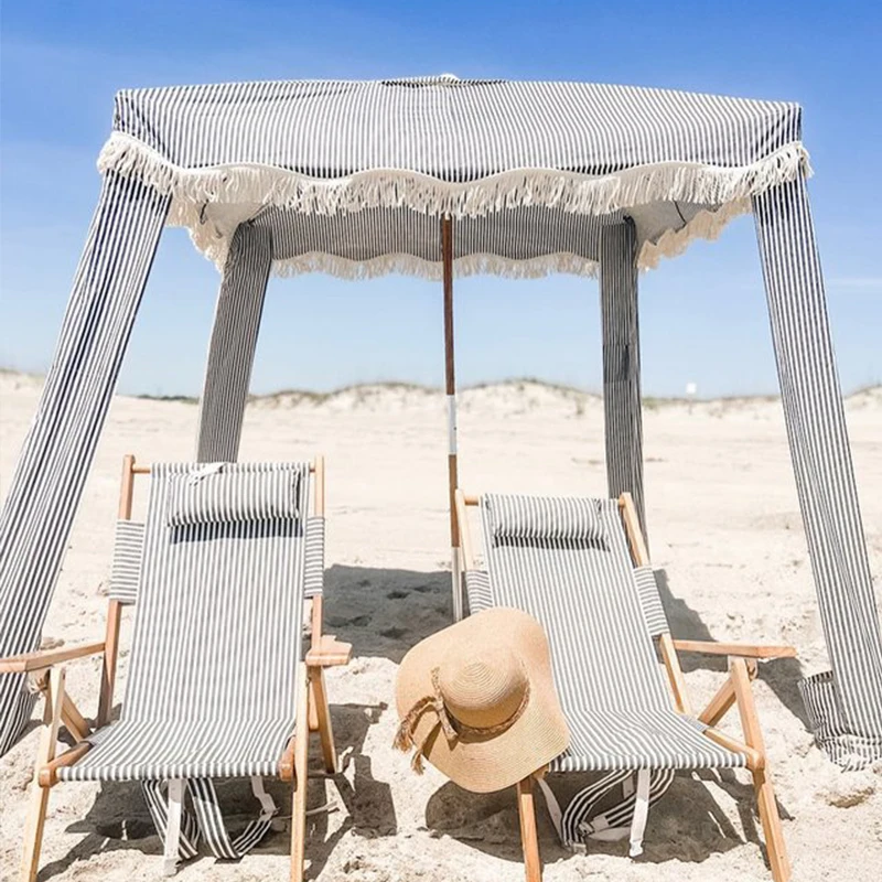 Custom 6ft 7ft Outdoor Wood Pole Fringe White Canvas Beach Cabana Tent, Premium Sun Shade Umbrella with Tassels Sand Pockets