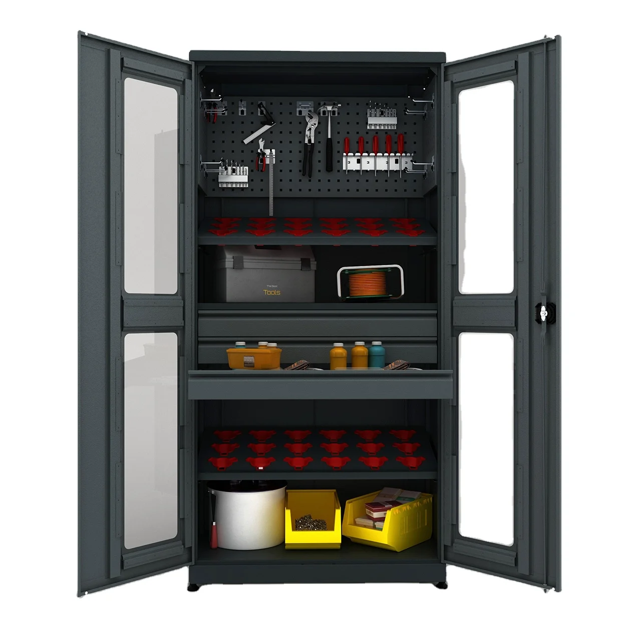 Cnc Morse Holder 3 Drawer Metal Material Cabinet  2 Viewing Window with Pegboard Metal Tool Cabinet