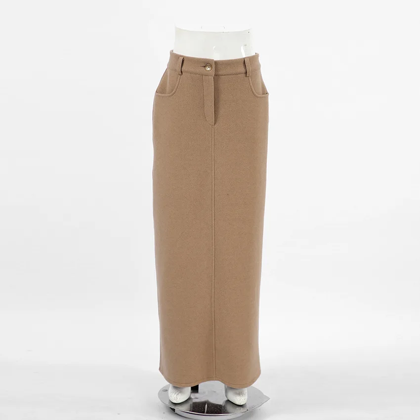 Ladies Hight Waist Long Maxi Straight Skirt Retro Brown Wool Wrap Skirts for Women Vintage Woven 2 Piece Private Label Clothing Custom Logo Printed Embroidered