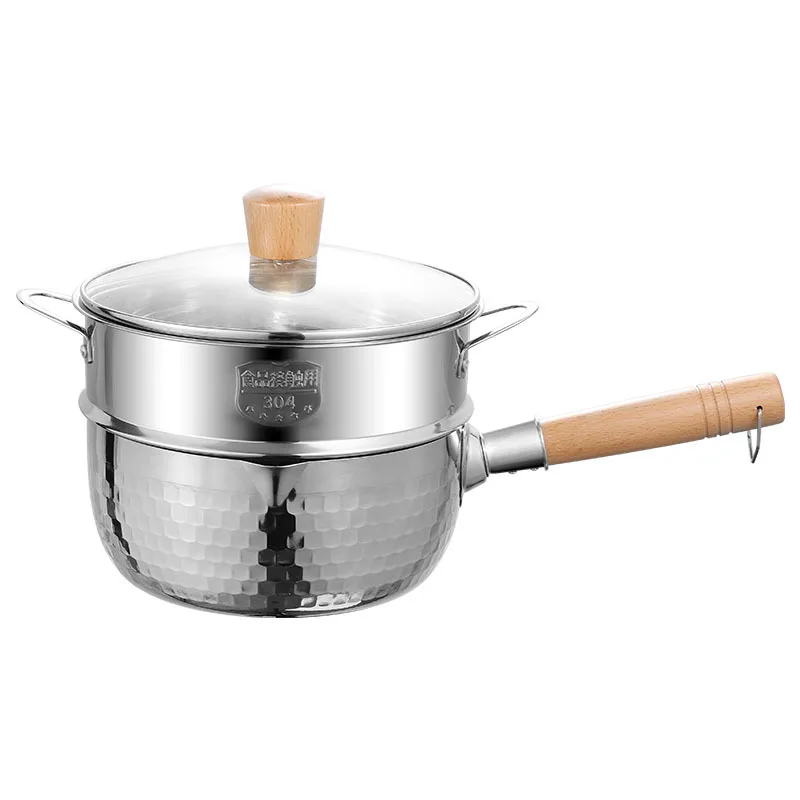 Uncoated food pot with wooden handle, stainless steel hammer pattern design, flat bottom double layer multi-purpose pot