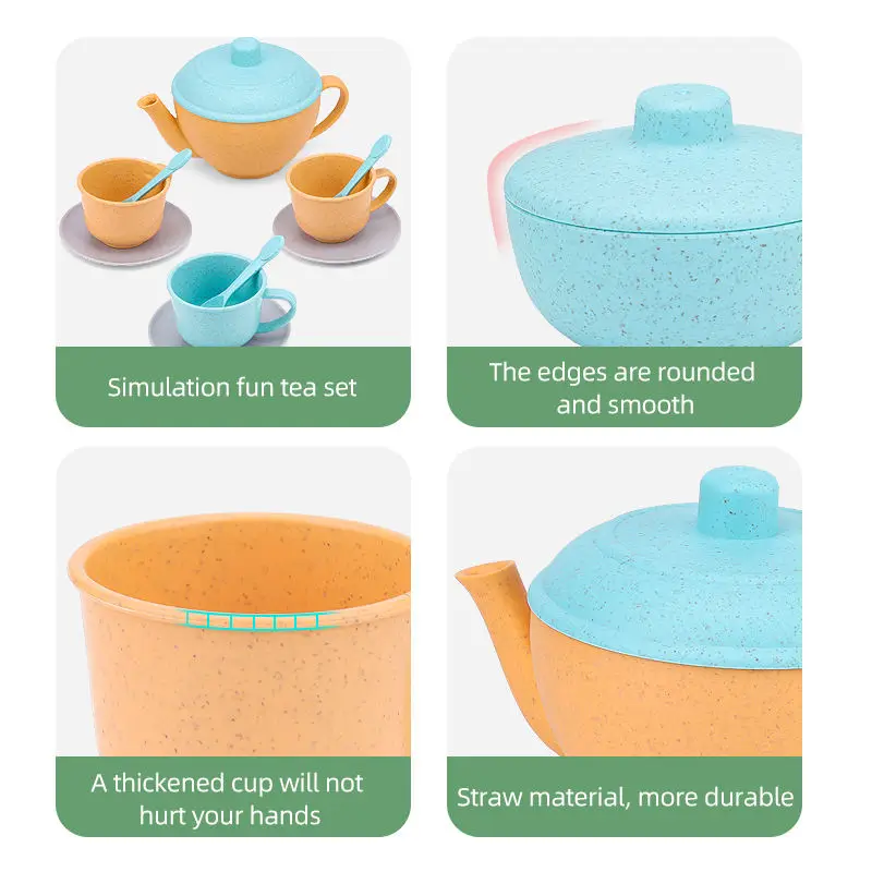 Leemook new 14 pcs wheat straw toy organic material recycled plastic kids tea set toy