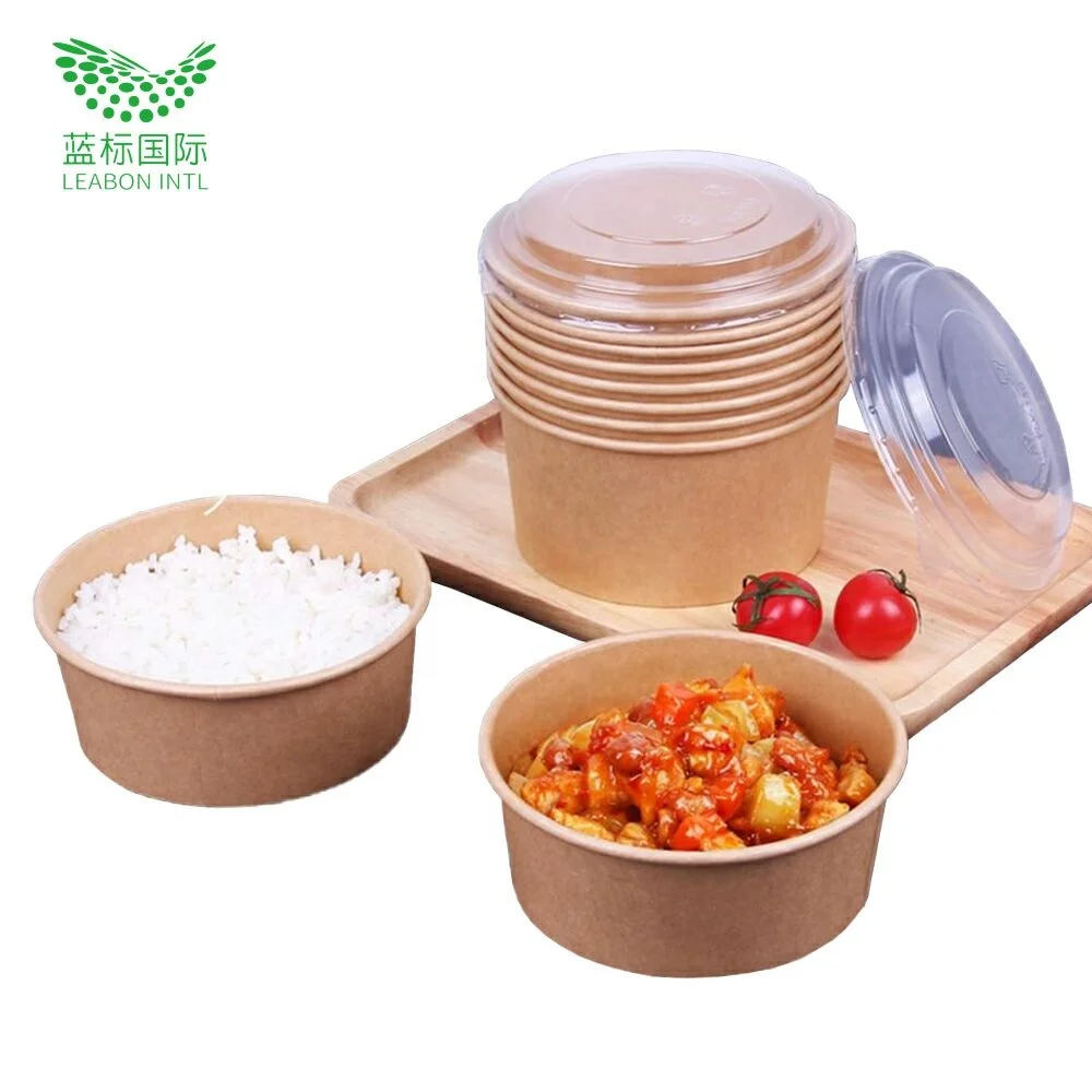 Wholesale Cheap Kraft  Paper bowls with lids Salad bowl food packaging containers to restaurant take away
