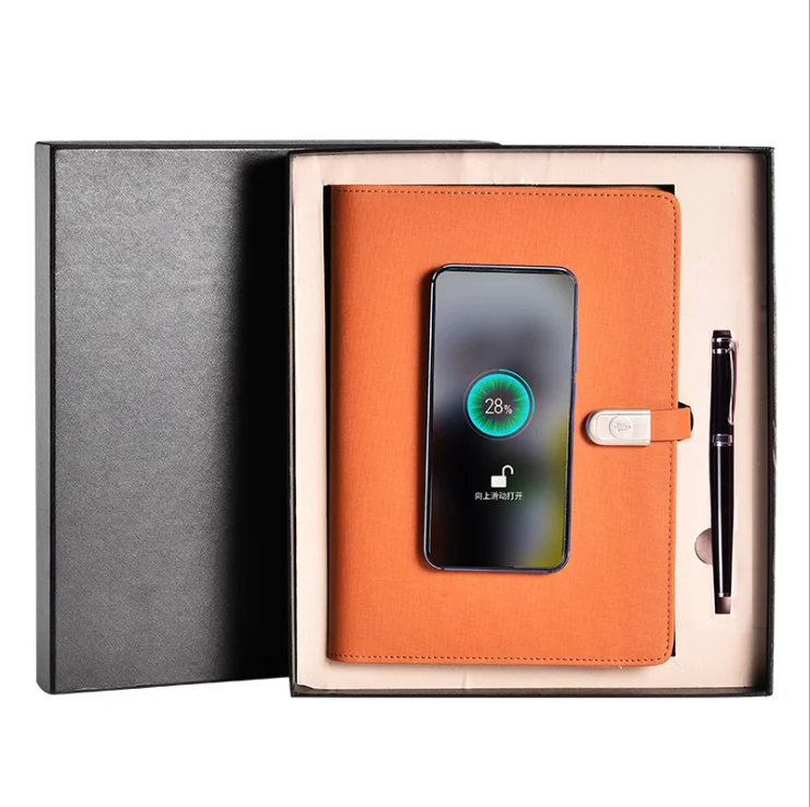 2022 New Multifunctional Charging Notebook Set Mobile Power Wireless Charging Notepad Set with Pen Customized A5 Leather 8000mah