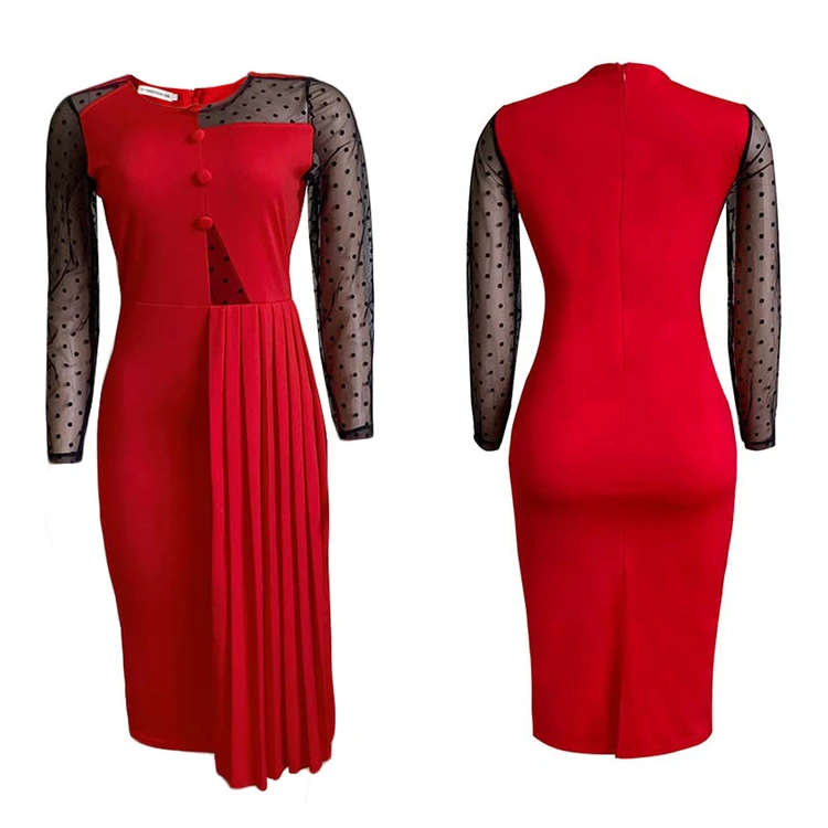 Amazon fashion mesh long sleeve dot printed stitching slim slit half pleated dress African plus size office lady formal dress