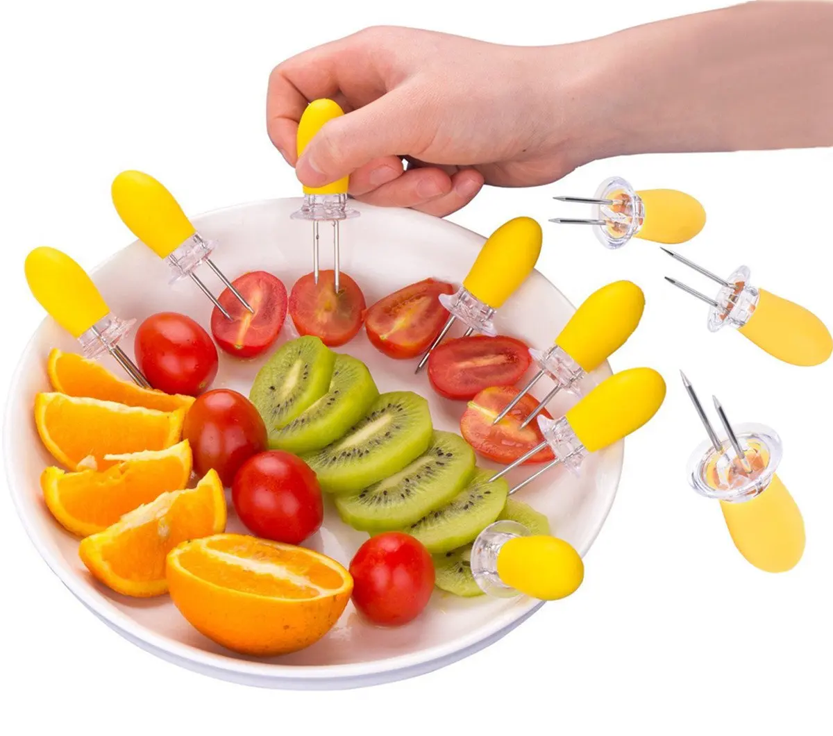 Stainless Steel BBQ Skewers Corn Cob Holders Twin Prong camping BBQ Forks Skewers BBQ Grill Fruit salad stick