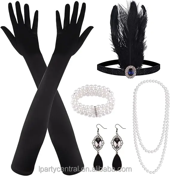 LP Black 1920s Accessories Set  Great Gatsby Flapper Costume for Women  Headband Gloves  Cigarette Holder Necklace Bracelets
