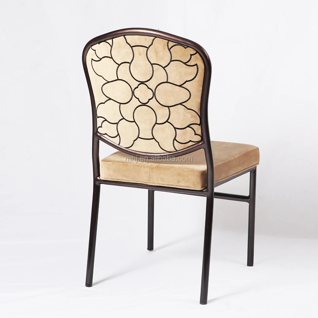 Golden velvet upholstered modern luxury aluminum gold restaurant hotel banquet chairs  with back flower design