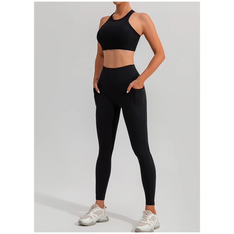 ribbed red yoga workout sets gym fitness sets plus size with pockets for women