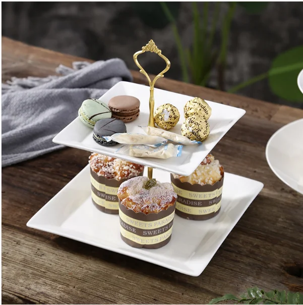 Фабрика лидер продаж 3-уровневое квадратное керамическое блюдо для десерта с металлической подставкой прямоугольный поднос домашней вечеринки отеля ресторана