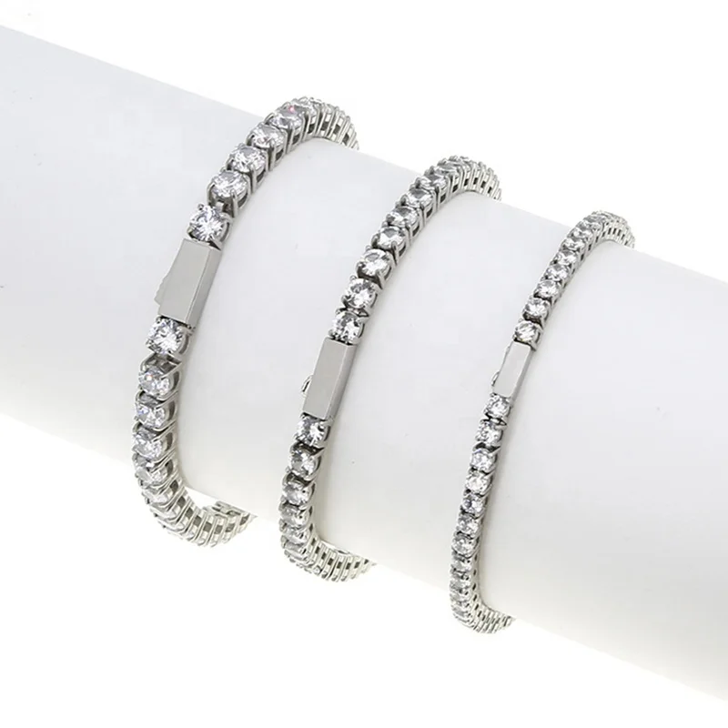 3mm 4mm 5mm Custom Wholesale CZ Zircon Cubic Zirconia Gold Plated 316L Stainless Steel Tennis Bracelet for Men Women