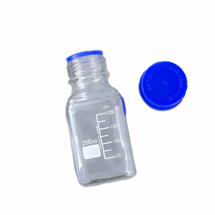Оптовая продажа стеклянная бутылка 250 мл с реагентом прозрачная квадратная Медицинская синей