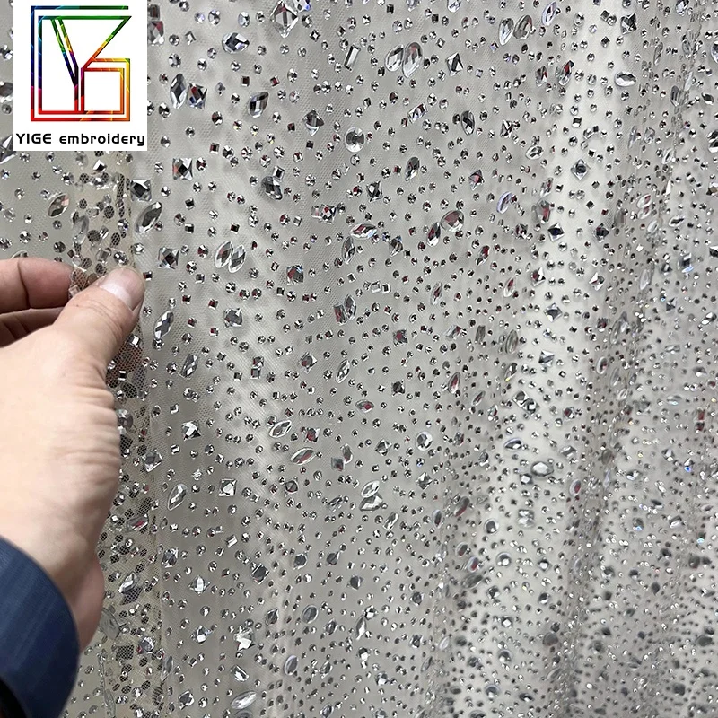 luxury crystal stones beaded fabric for wedding dress high quality swarovski rhinestone lace fabric white crystal lace fabric