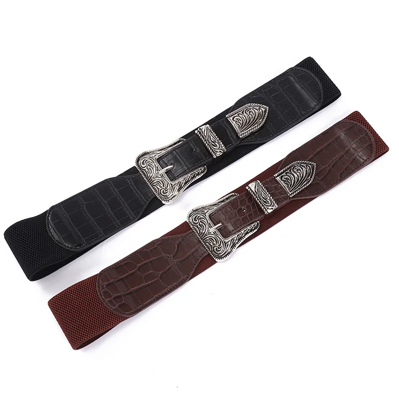 Leather Ladies Elastic Belt Black Retro Metal Square Buckle Belt Ladies Denim Trousers Belt Ceinture Femme