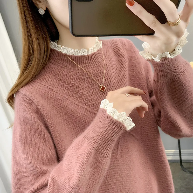 Factory 2024 Fashion Lady New arrival Lace neck long sleeve slim fit plain color cable knit polyester cashmere women sweater