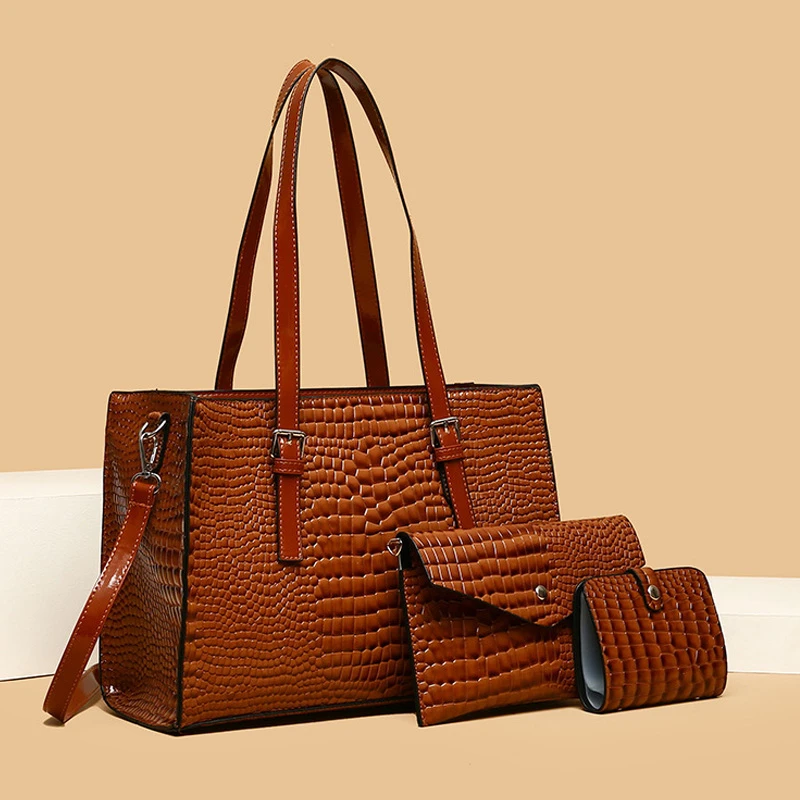 2024 wholesale vintage elegant alligator leather tote bag for women custom handbags set 3 in 1 ladies hand bags luxury