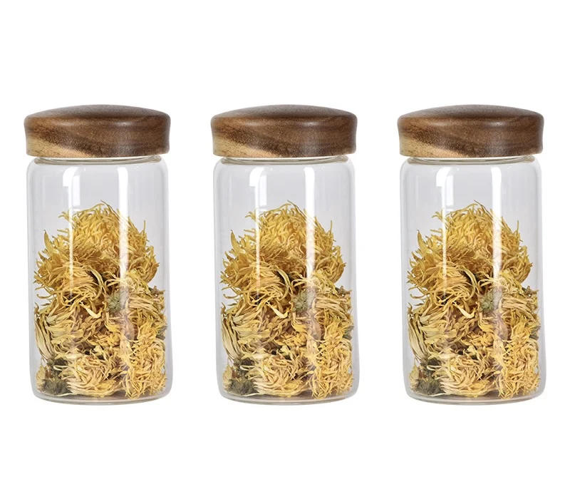 D80 350ml High borosilicate glass storage jar with wood lid for kitchen spice and condiment